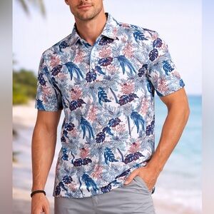 Scalesgear Marlin Crush Polo Shirt mens’s Large White Tropical Print‎ UPF 30+